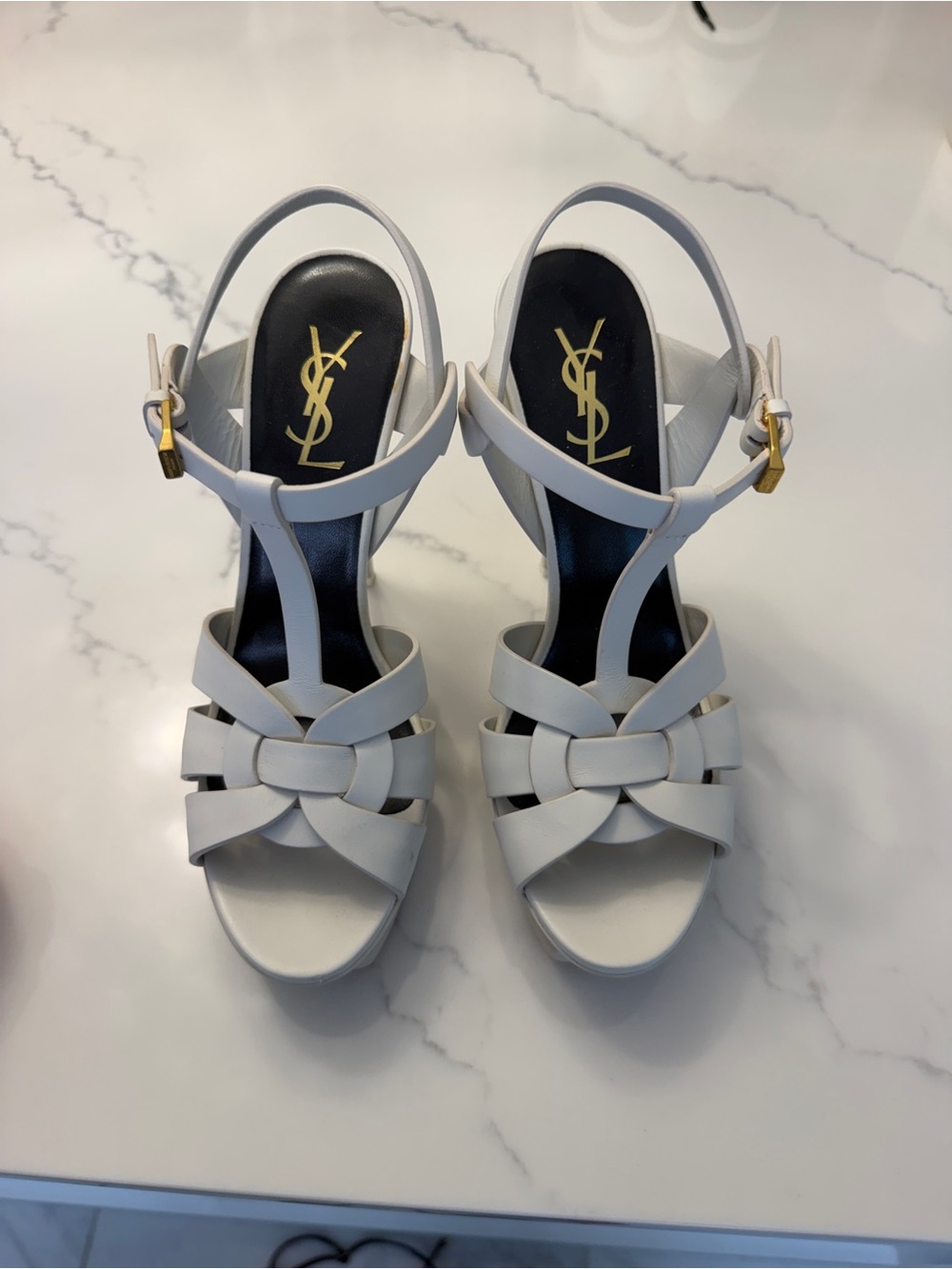 Yves Saint Laurent White Leather Tribute Platform Sandals